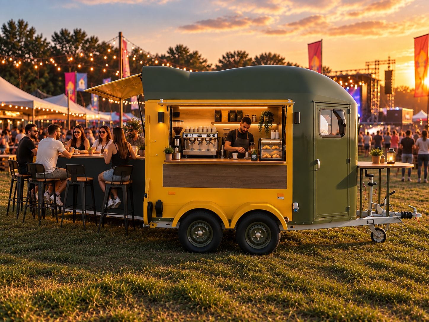 Rulotă Social Van HORSEBOX amenajată ca cafenea mobilă la un festival